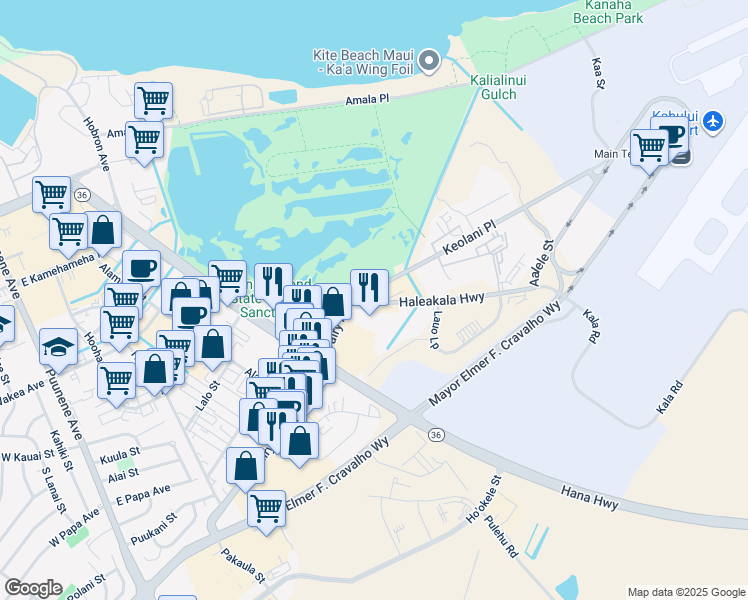map of restaurants, bars, coffee shops, grocery stores, and more near 520 Keolani Place in Kahului