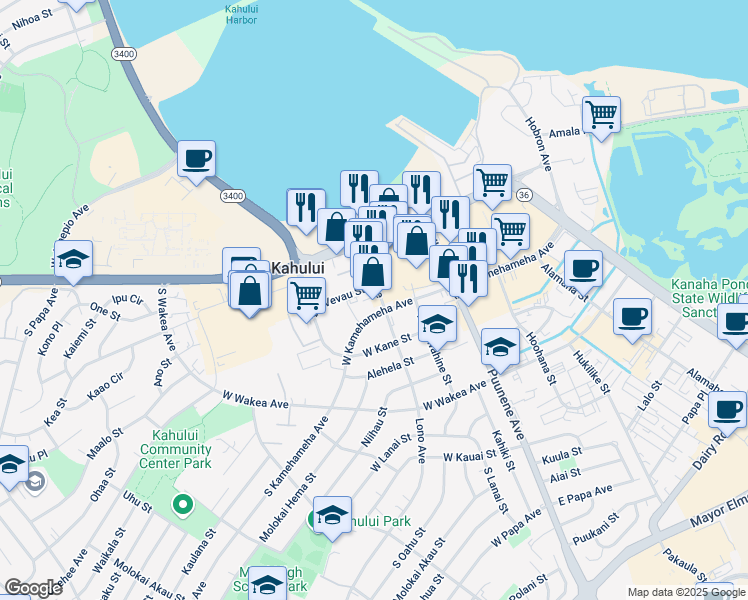 map of restaurants, bars, coffee shops, grocery stores, and more near 125 West Kamehameha Avenue in Kahului