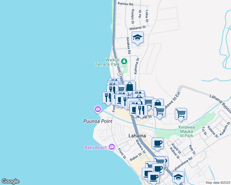 map of restaurants, bars, coffee shops, grocery stores, and more near 1306 Hoapili Street in Lahaina