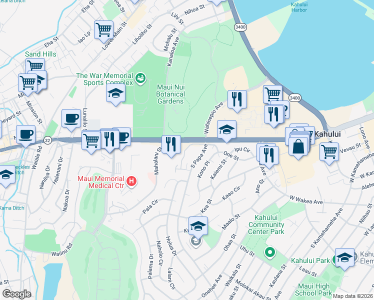 map of restaurants, bars, coffee shops, grocery stores, and more near in Kahului