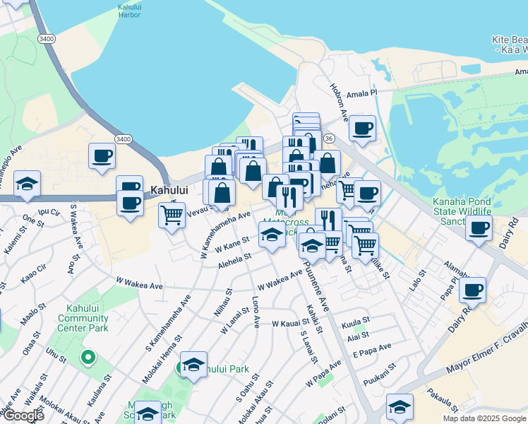 map of restaurants, bars, coffee shops, grocery stores, and more near in Kahului