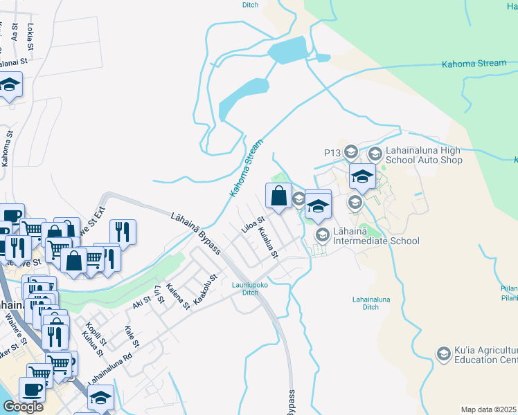 map of restaurants, bars, coffee shops, grocery stores, and more near 901 North Laalo Place in Lahaina