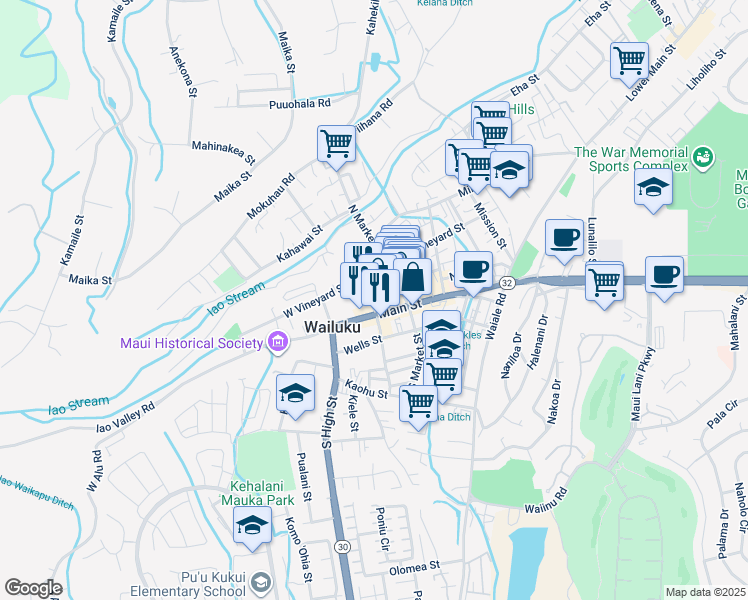 map of restaurants, bars, coffee shops, grocery stores, and more near 2065 Main Street in Wailuku