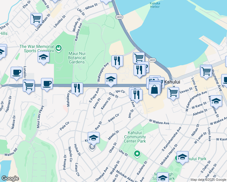 map of restaurants, bars, coffee shops, grocery stores, and more near 456 Ipu Circle in Kahului