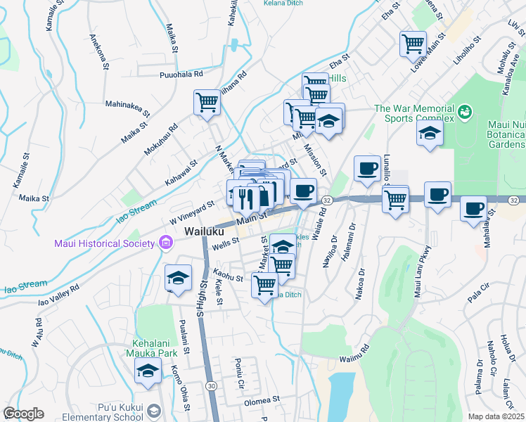 map of restaurants, bars, coffee shops, grocery stores, and more near 1967 Main Street in Wailuku