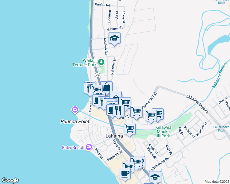 map of restaurants, bars, coffee shops, grocery stores, and more near 1240 Nahale Place in Lahaina