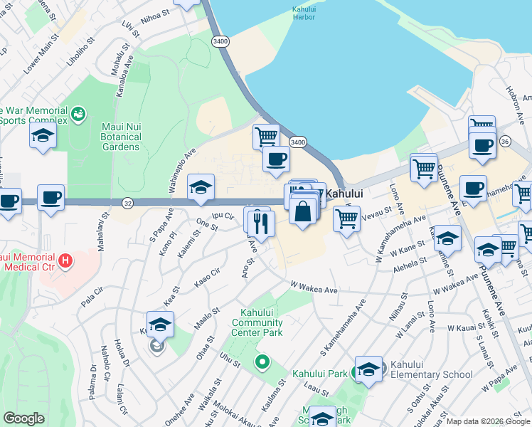 map of restaurants, bars, coffee shops, grocery stores, and more near 15 South Wakea Avenue in Kahului