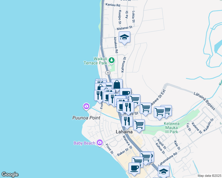 map of restaurants, bars, coffee shops, grocery stores, and more near 1328 Keao Street in Lahaina