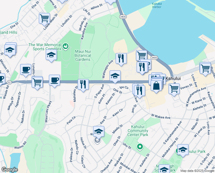 map of restaurants, bars, coffee shops, grocery stores, and more near 44 Kono Place in Kahului
