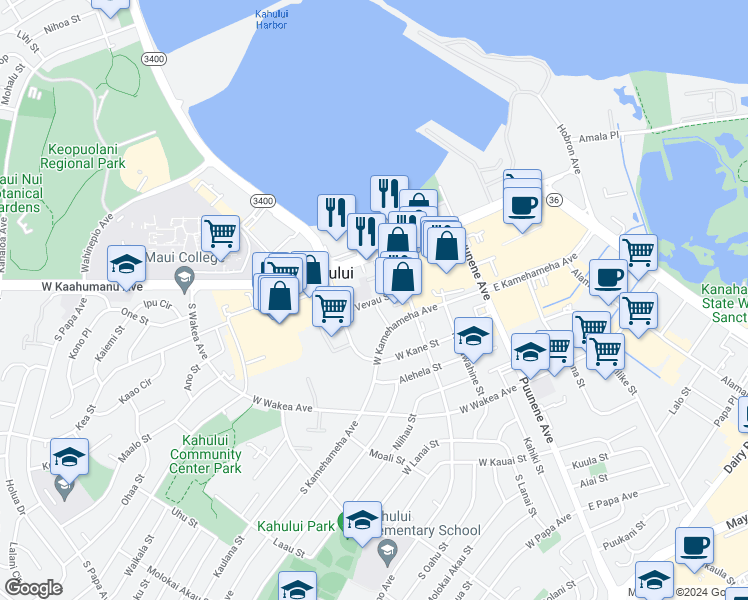 map of restaurants, bars, coffee shops, grocery stores, and more near 149 Vevau Street in Kahului
