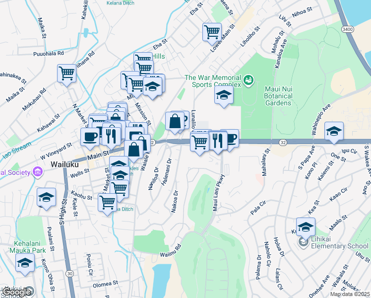 map of restaurants, bars, coffee shops, grocery stores, and more near 12 Kainani Street in Wailuku