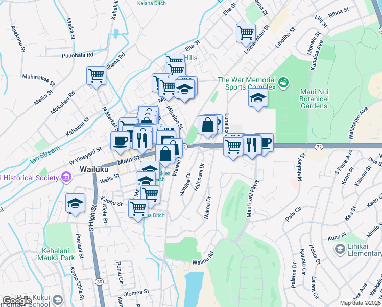 map of restaurants, bars, coffee shops, grocery stores, and more near 67 Naniloa Drive in Wailuku