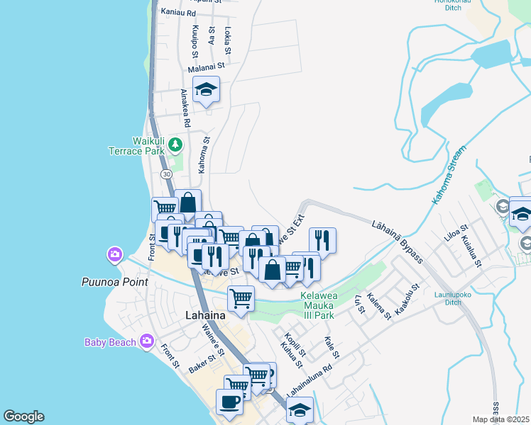 map of restaurants, bars, coffee shops, grocery stores, and more near Kūkuʻia Street in Lahaina