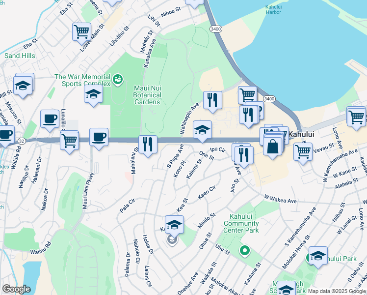 map of restaurants, bars, coffee shops, grocery stores, and more near 21 South Papa Avenue in Kahului