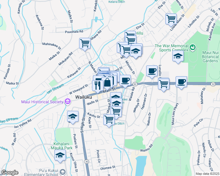 map of restaurants, bars, coffee shops, grocery stores, and more near 1967 Main Street in Wailuku