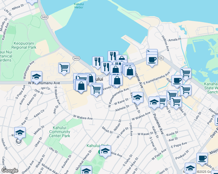 map of restaurants, bars, coffee shops, grocery stores, and more near 146 Vevau Street in Kahului