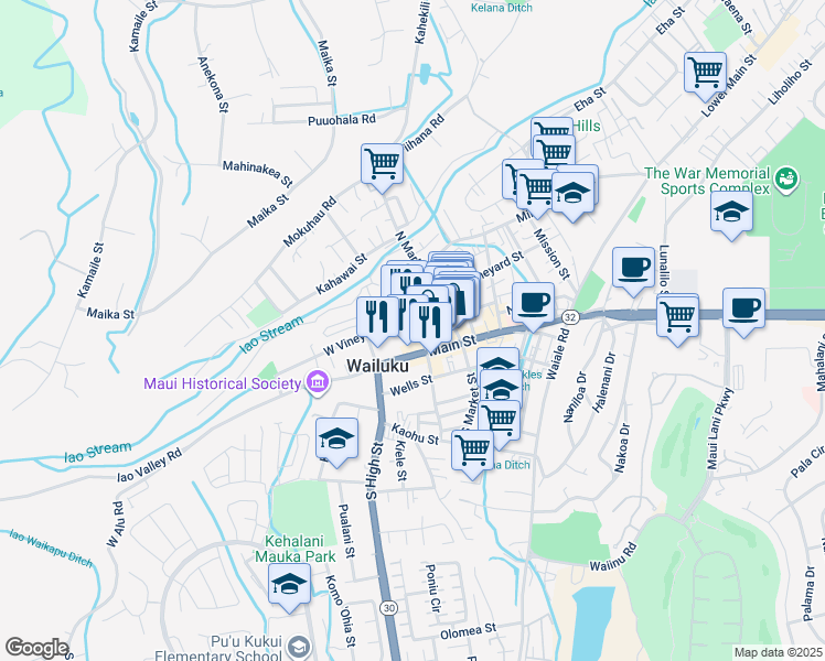 map of restaurants, bars, coffee shops, grocery stores, and more near 2158 Main Street in Wailuku