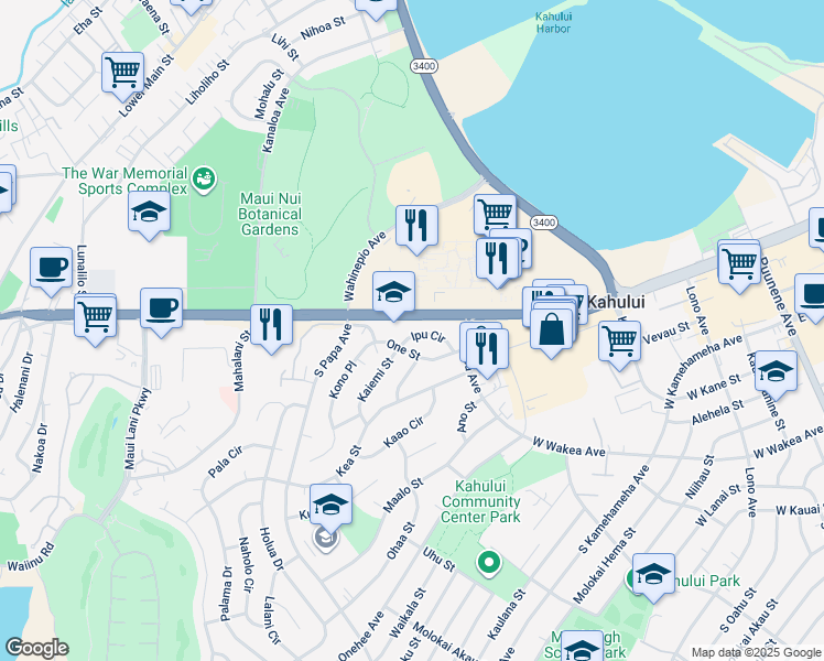 map of restaurants, bars, coffee shops, grocery stores, and more near 446 Ipu Circle in Kahului