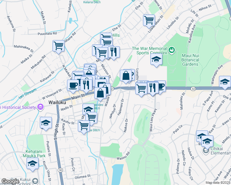 map of restaurants, bars, coffee shops, grocery stores, and more near 55 Naniluna Place in Wailuku