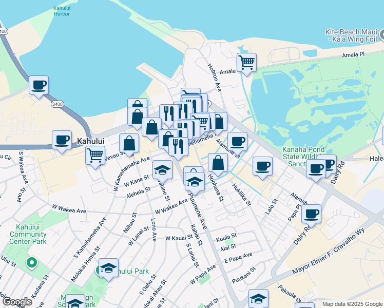 map of restaurants, bars, coffee shops, grocery stores, and more near 140 Hoohana Street in Kahului