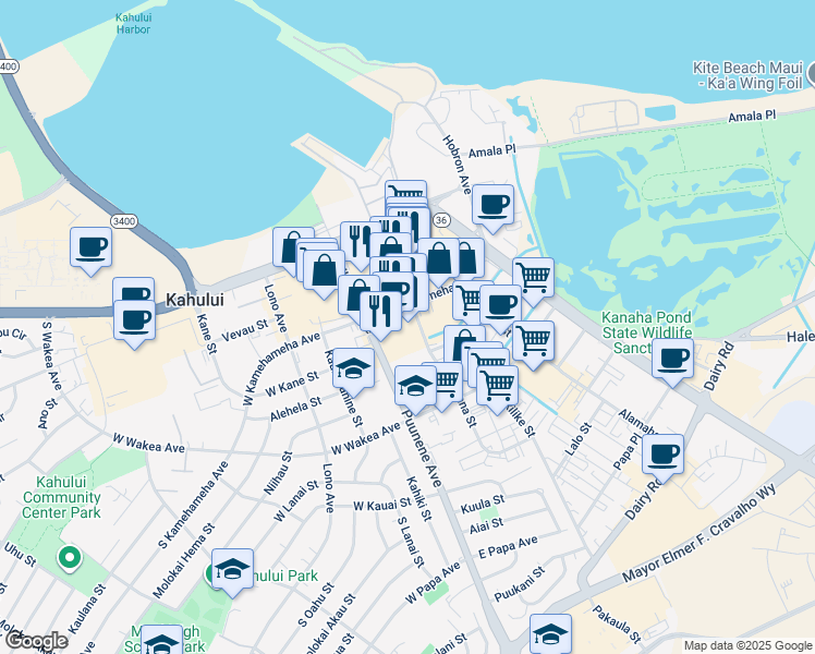 map of restaurants, bars, coffee shops, grocery stores, and more near 140 Hoohana Street in Kahului