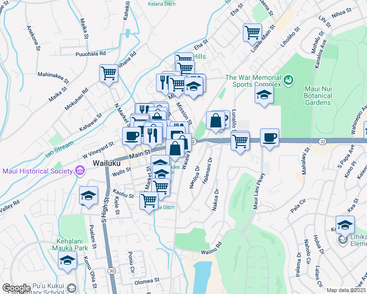 map of restaurants, bars, coffee shops, grocery stores, and more near 1818 Oihana Street in Wailuku