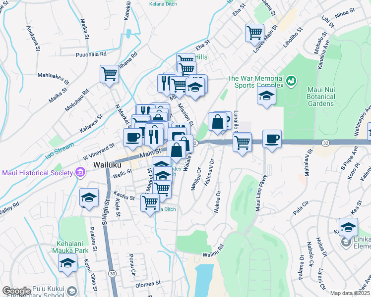 map of restaurants, bars, coffee shops, grocery stores, and more near 1818 Oihana Street in Wailuku