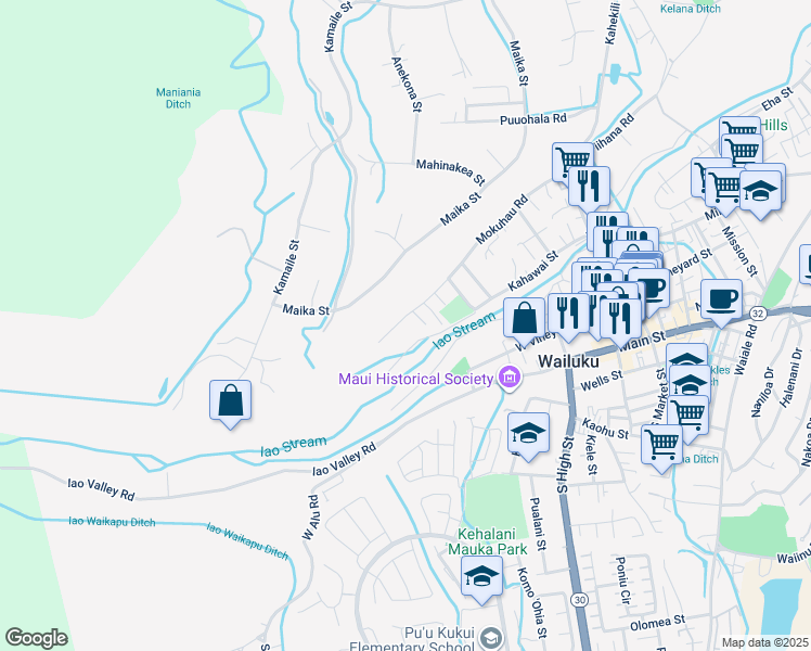 map of restaurants, bars, coffee shops, grocery stores, and more near 2295 Mokuhau Road in Wailuku