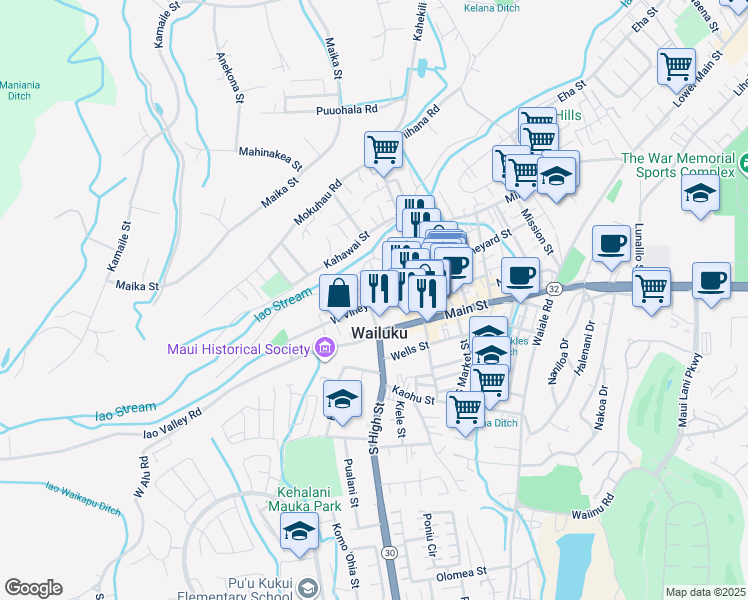 map of restaurants, bars, coffee shops, grocery stores, and more near 2235 Holowai Place in Wailuku