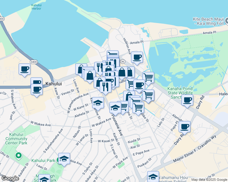 map of restaurants, bars, coffee shops, grocery stores, and more near 100 East Kamehameha Avenue in Kahului