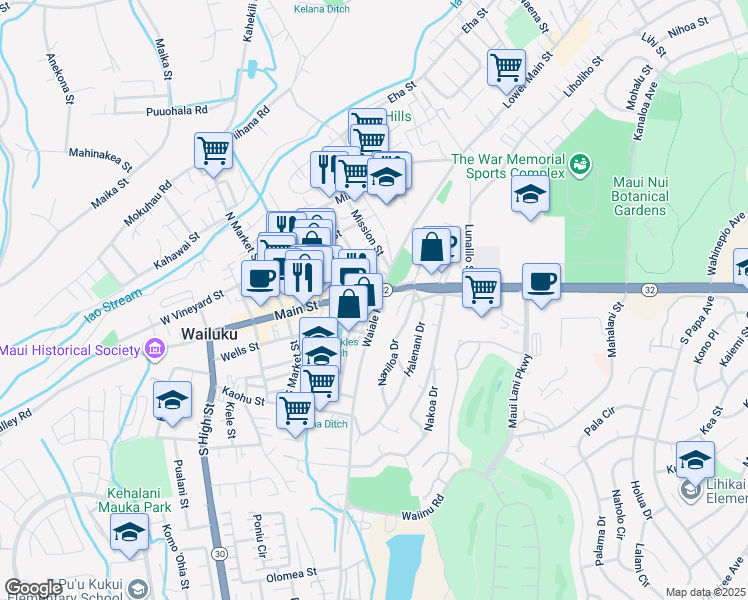 map of restaurants, bars, coffee shops, grocery stores, and more near 1792 Main Street in Wailuku