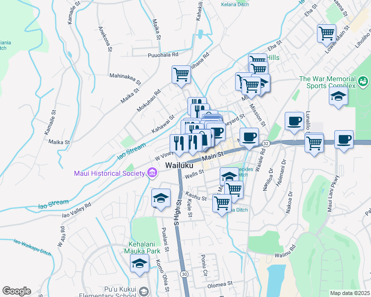 map of restaurants, bars, coffee shops, grocery stores, and more near 2151 West Vineyard Street in Wailuku
