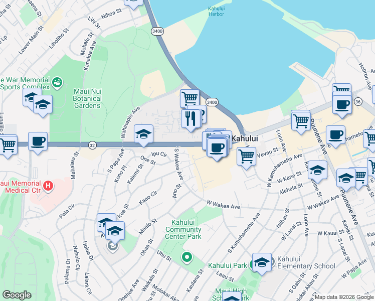 map of restaurants, bars, coffee shops, grocery stores, and more near 15 South Wakea Avenue in Kahului