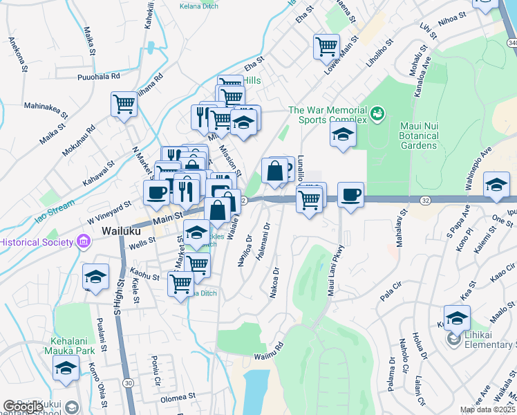 map of restaurants, bars, coffee shops, grocery stores, and more near 34 Naniluna Place in Wailuku