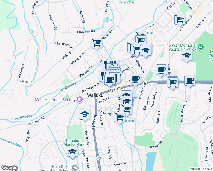 map of restaurants, bars, coffee shops, grocery stores, and more near 51 North Market Street in Wailuku