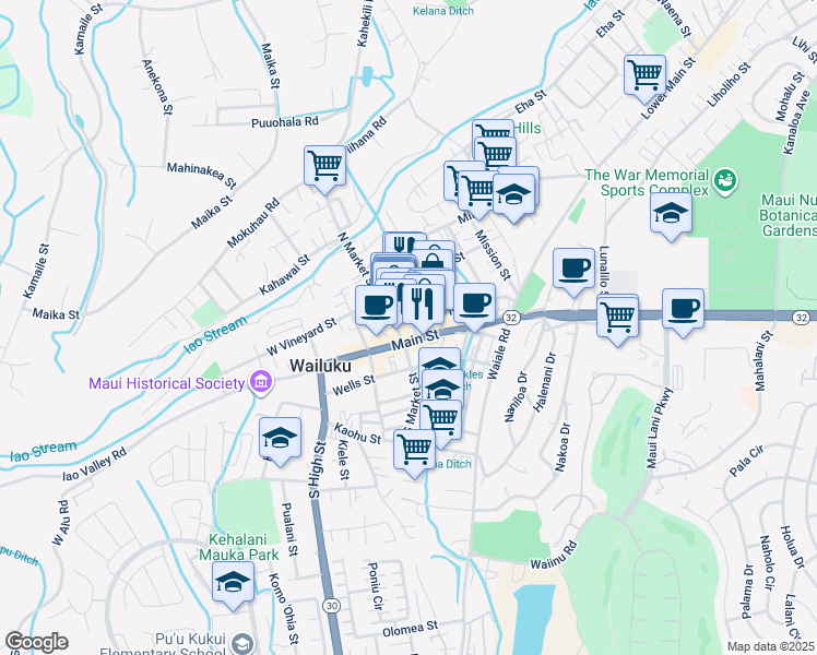 map of restaurants, bars, coffee shops, grocery stores, and more near 72 Maluhia Drive in Wailuku
