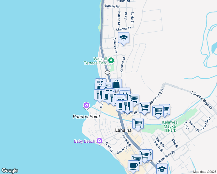 map of restaurants, bars, coffee shops, grocery stores, and more near 1333 Keao Street in Lahaina