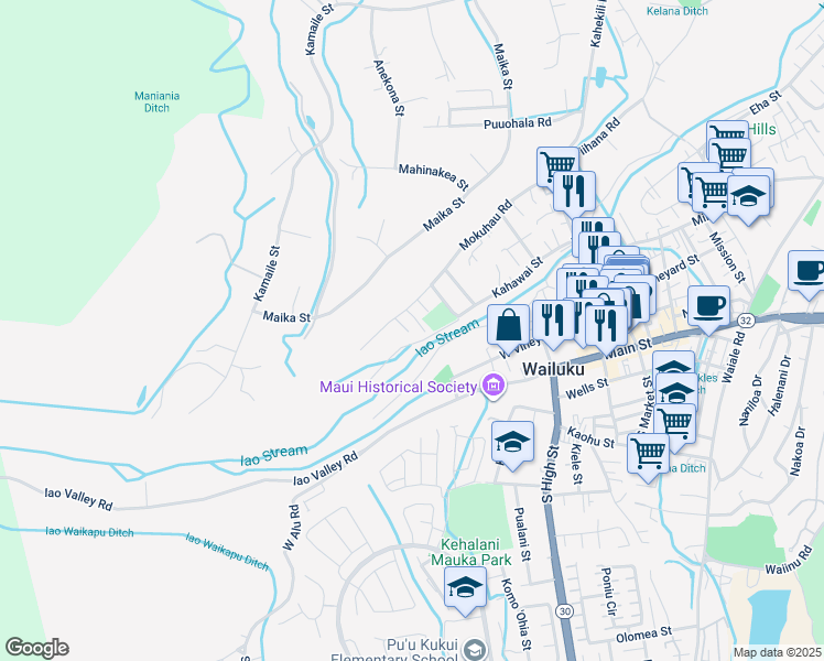 map of restaurants, bars, coffee shops, grocery stores, and more near 2271 Mokuhau Road in Wailuku