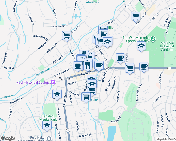 map of restaurants, bars, coffee shops, grocery stores, and more near 72 Maluhia Drive in Wailuku