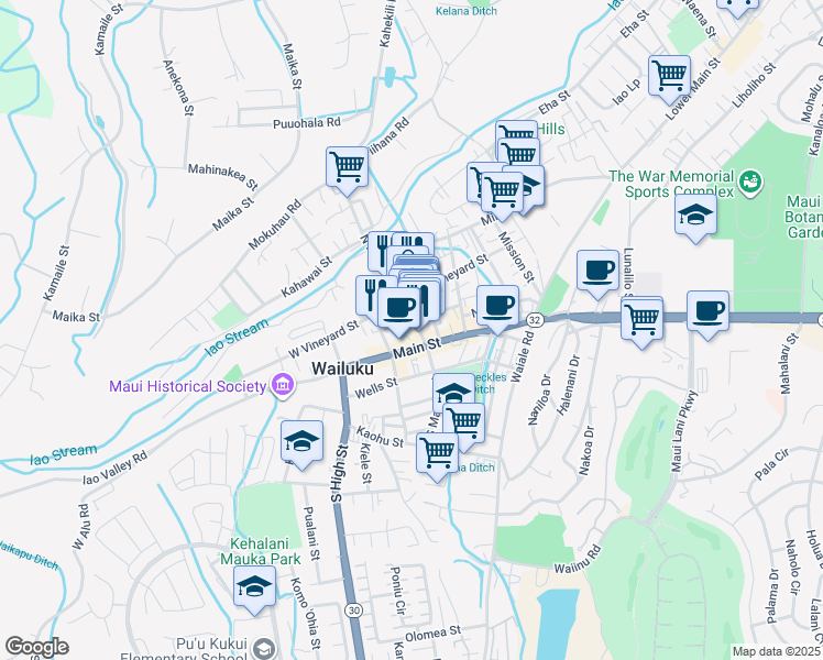 map of restaurants, bars, coffee shops, grocery stores, and more near 51 North Market Street in Wailuku