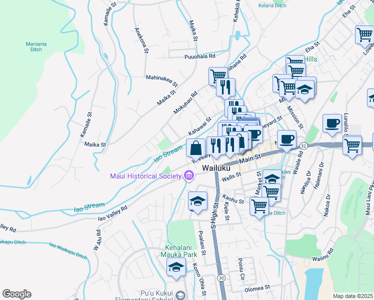 map of restaurants, bars, coffee shops, grocery stores, and more near 2319 Holowai Place in Wailuku