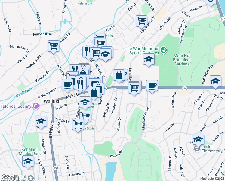 map of restaurants, bars, coffee shops, grocery stores, and more near 34 Naniluna Place in Wailuku