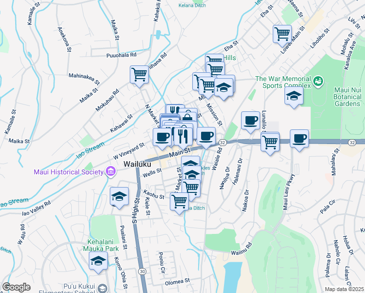 map of restaurants, bars, coffee shops, grocery stores, and more near 16 Maluhia Drive in Wailuku