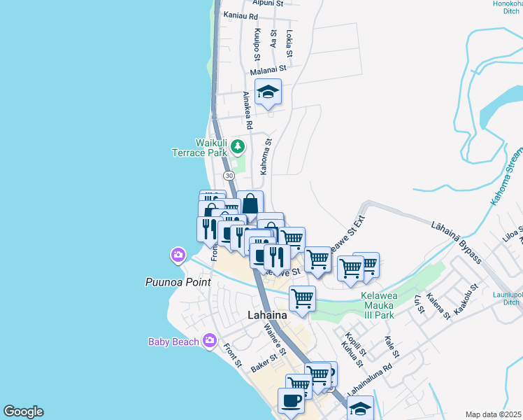 map of restaurants, bars, coffee shops, grocery stores, and more near 1253 Nahale Place in Lahaina