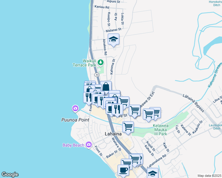 map of restaurants, bars, coffee shops, grocery stores, and more near 1253 Nahale Place in Lahaina