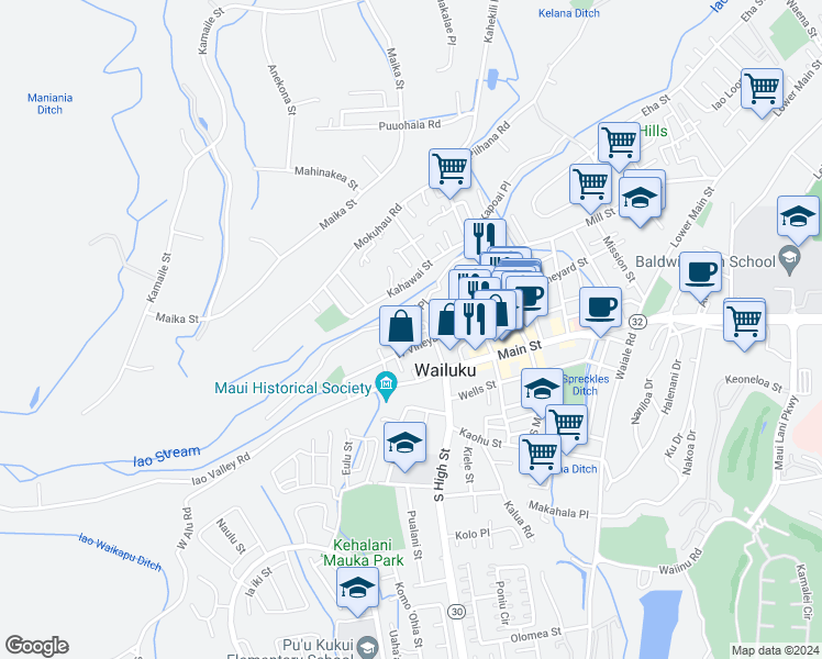 map of restaurants, bars, coffee shops, grocery stores, and more near 249 Muliwai Drive in Wailuku