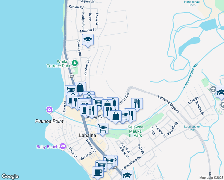map of restaurants, bars, coffee shops, grocery stores, and more near Kūkuʻia Street in Lahaina