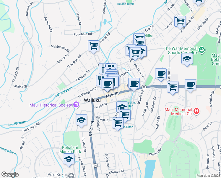 map of restaurants, bars, coffee shops, grocery stores, and more near 51 North Market Street in Wailuku