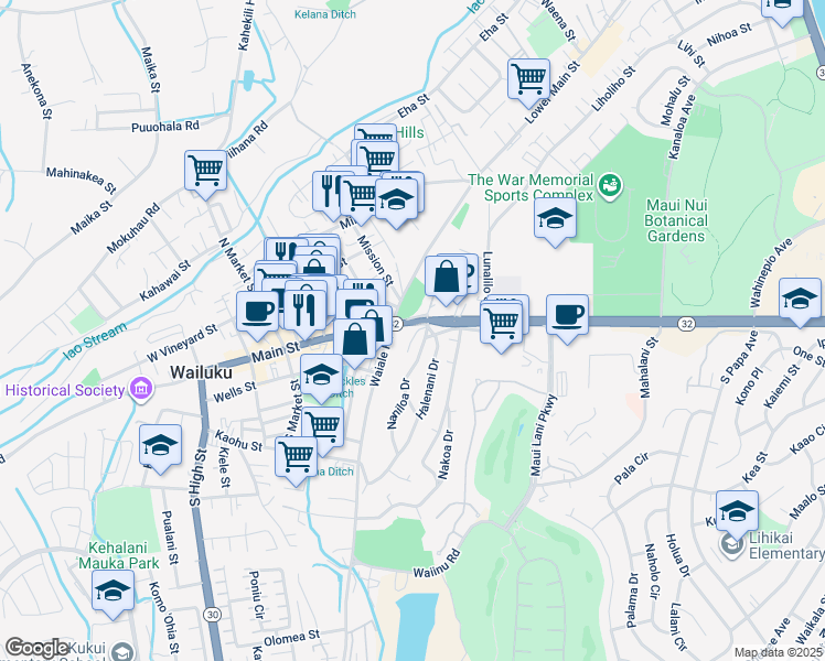 map of restaurants, bars, coffee shops, grocery stores, and more near 1782 West Kaahumanu Avenue in Wailuku