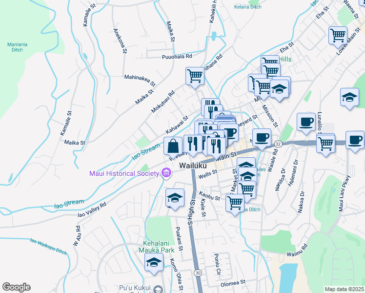 map of restaurants, bars, coffee shops, grocery stores, and more near 209 Muliwai Drive in Wailuku